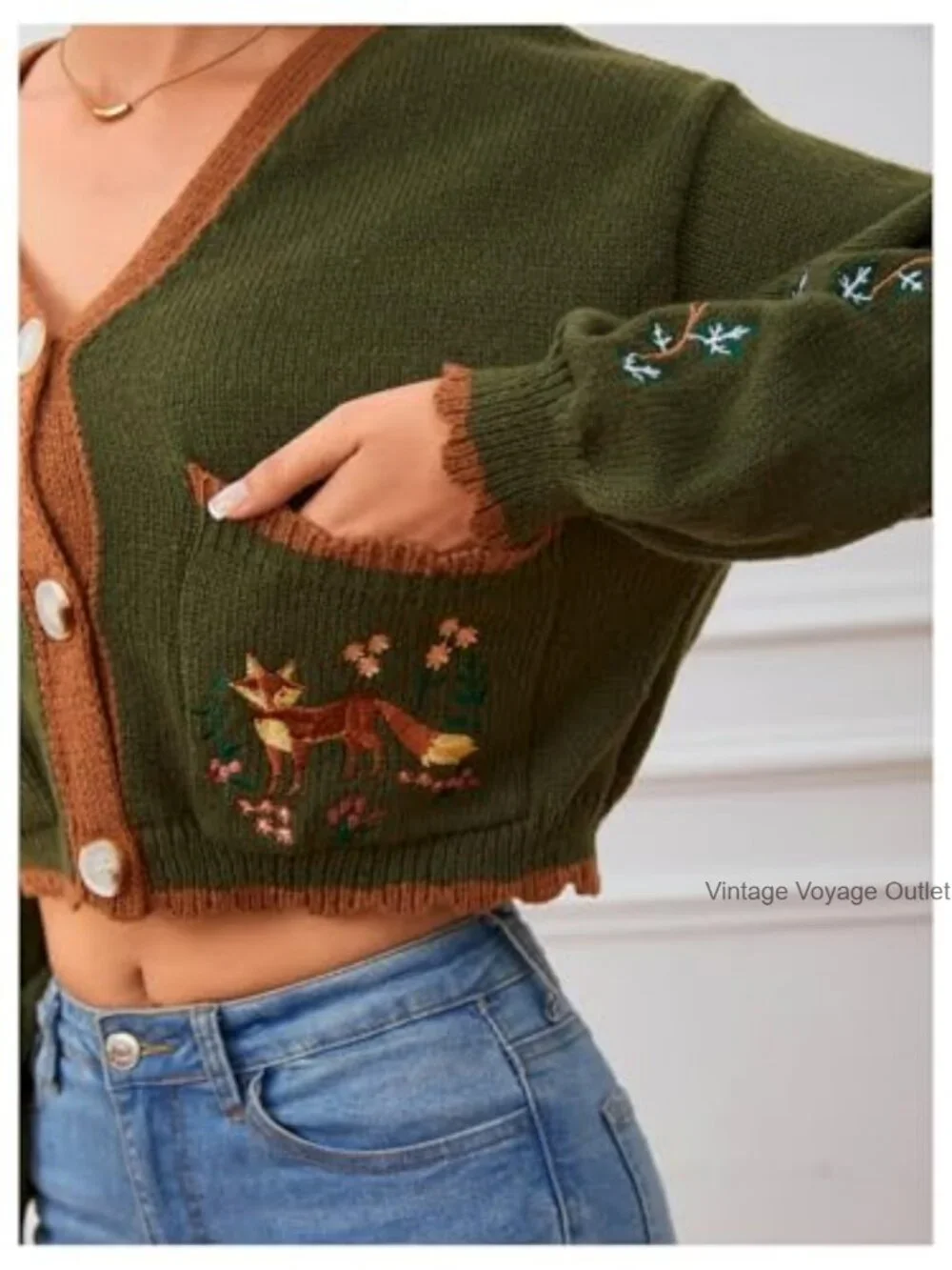 Embroidered Floral Cropped Cardigan V-Neck Boho Open Front Cardigan - Picture 6 of 7